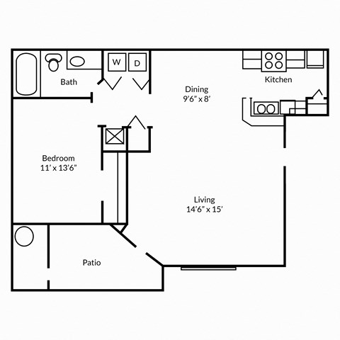 Floor plan for 1 bed, 1 bath, 771 sqft